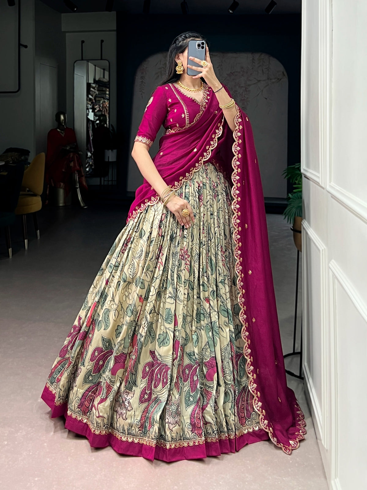 Tissue silk kalamkari lehenga set
