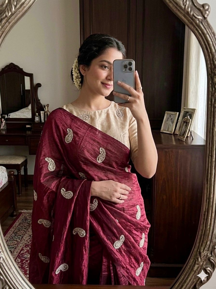 Space satin mango sequence work saree