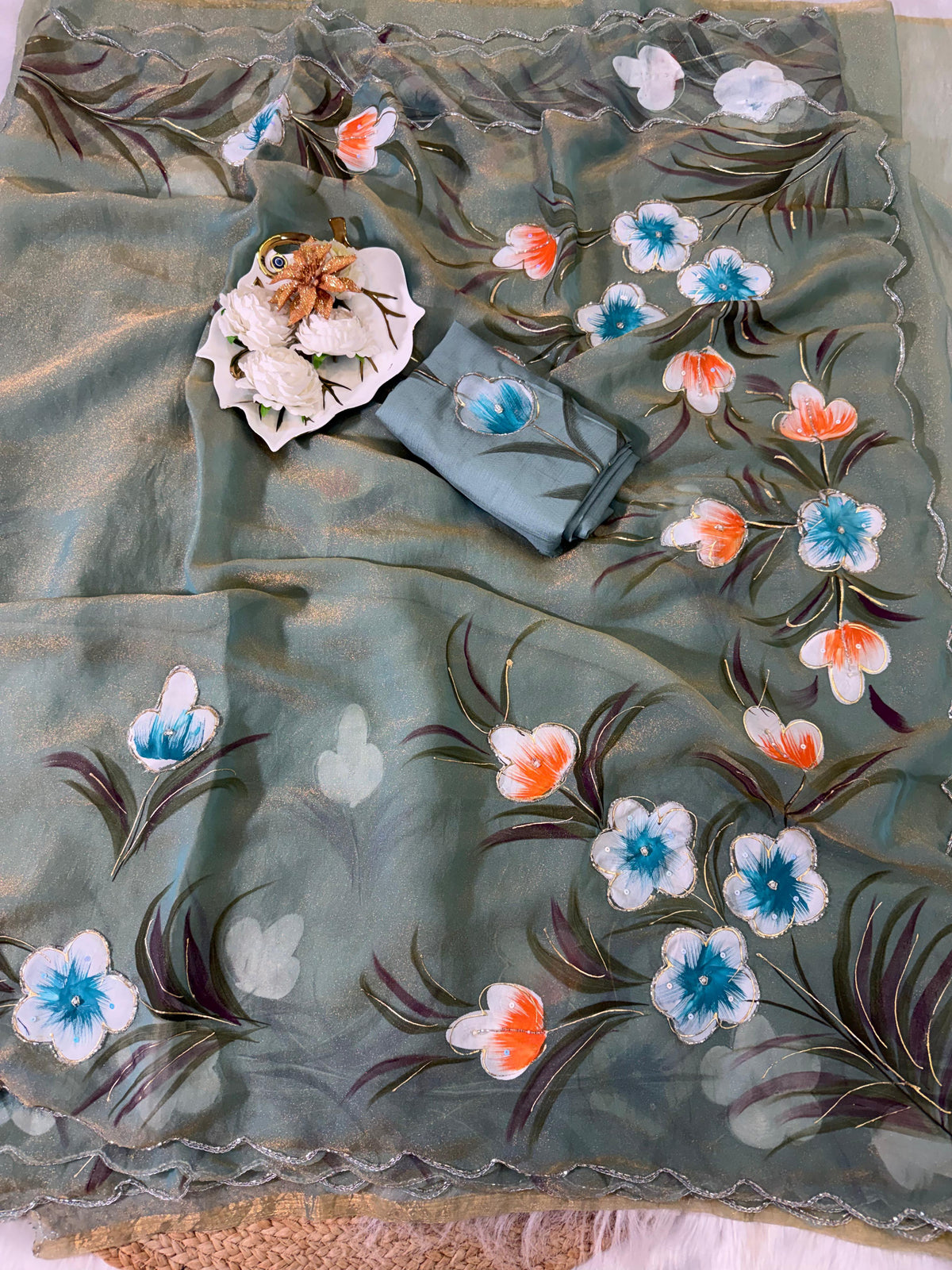 Moss shiffon hand brush flower paint saree