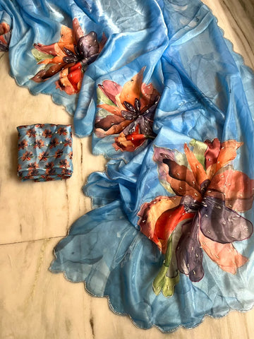 Premium  space satin digital print work saree ✨