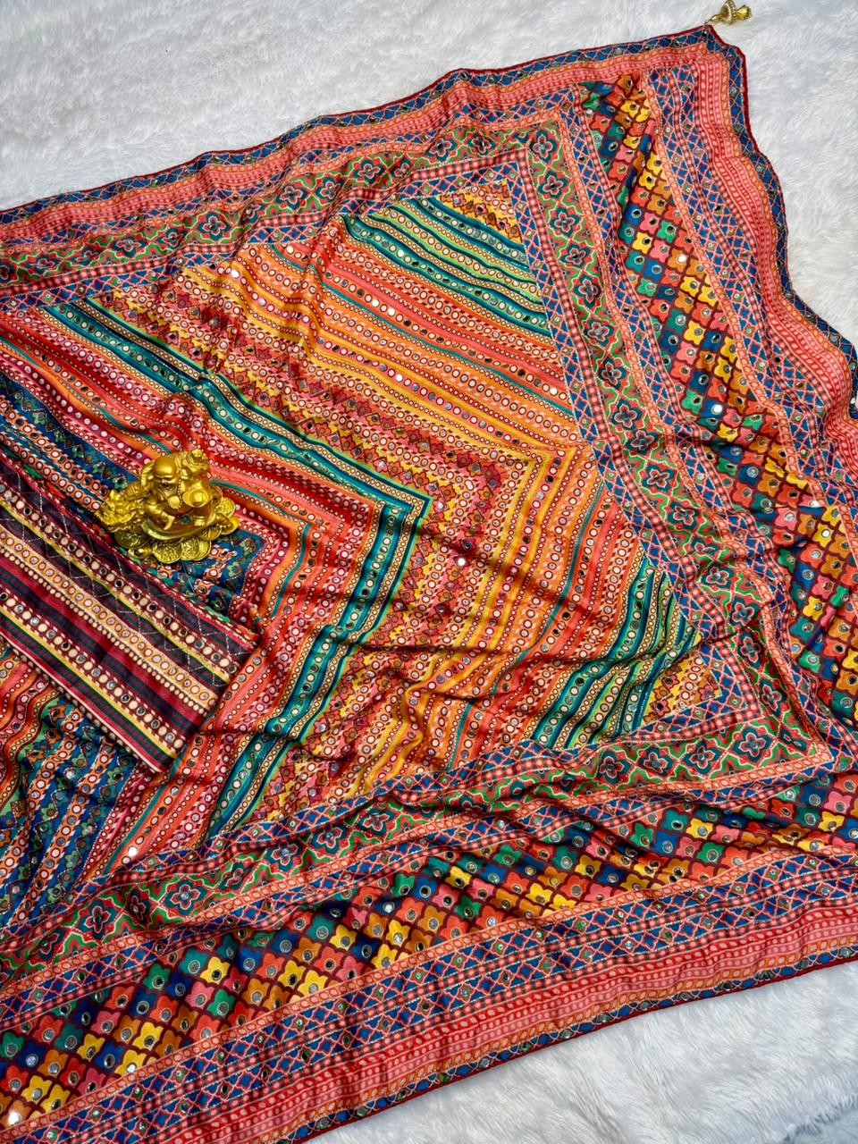 Soft chinnon Azrak mirror work sarees