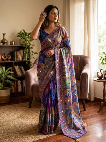 Gold zari mirror work saree