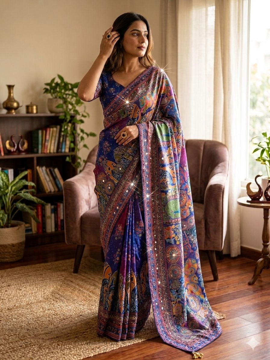 Gold zari mirror work saree