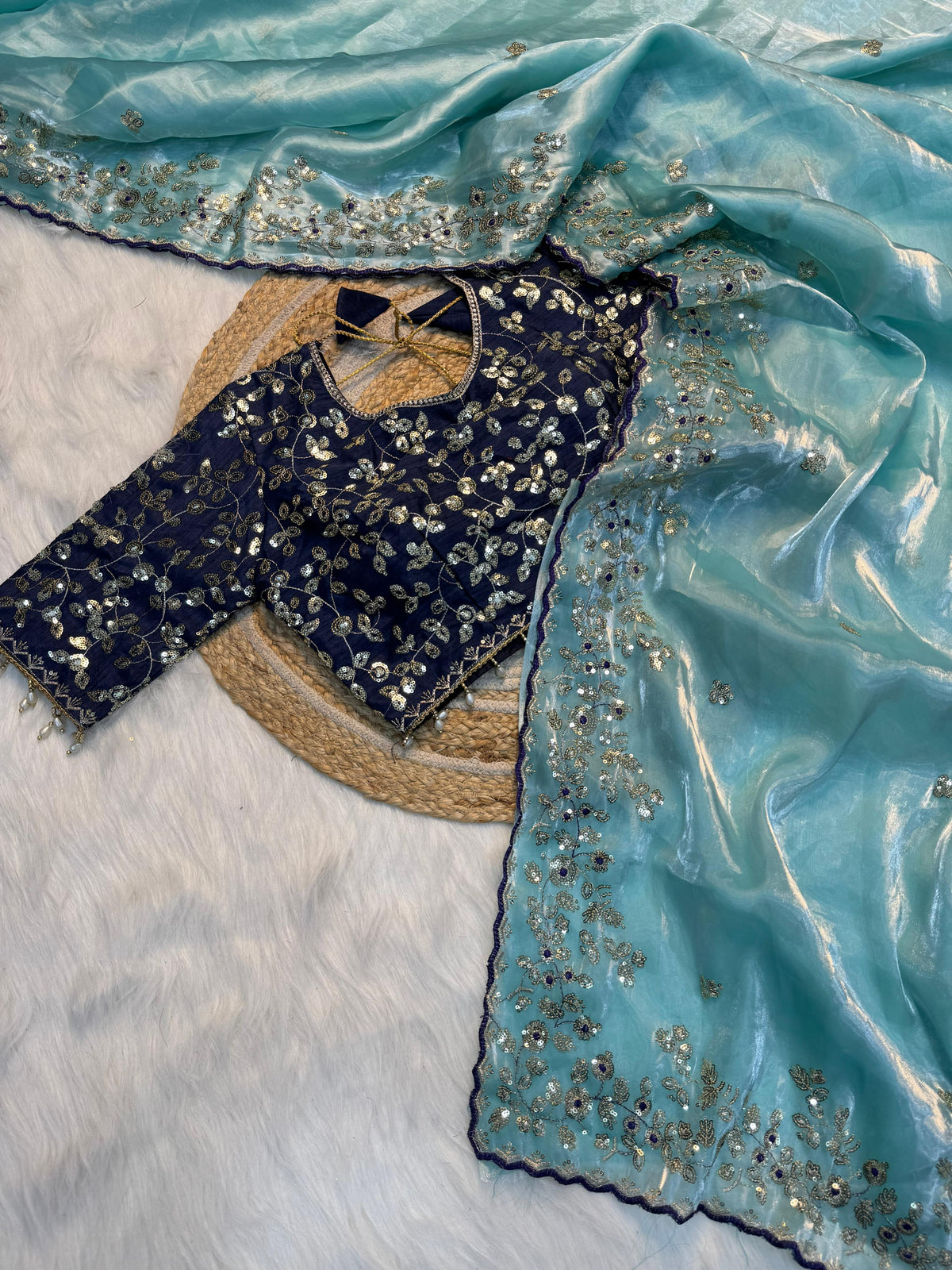 Premium Pure Silk Zari Sequence Design Embrodary saree