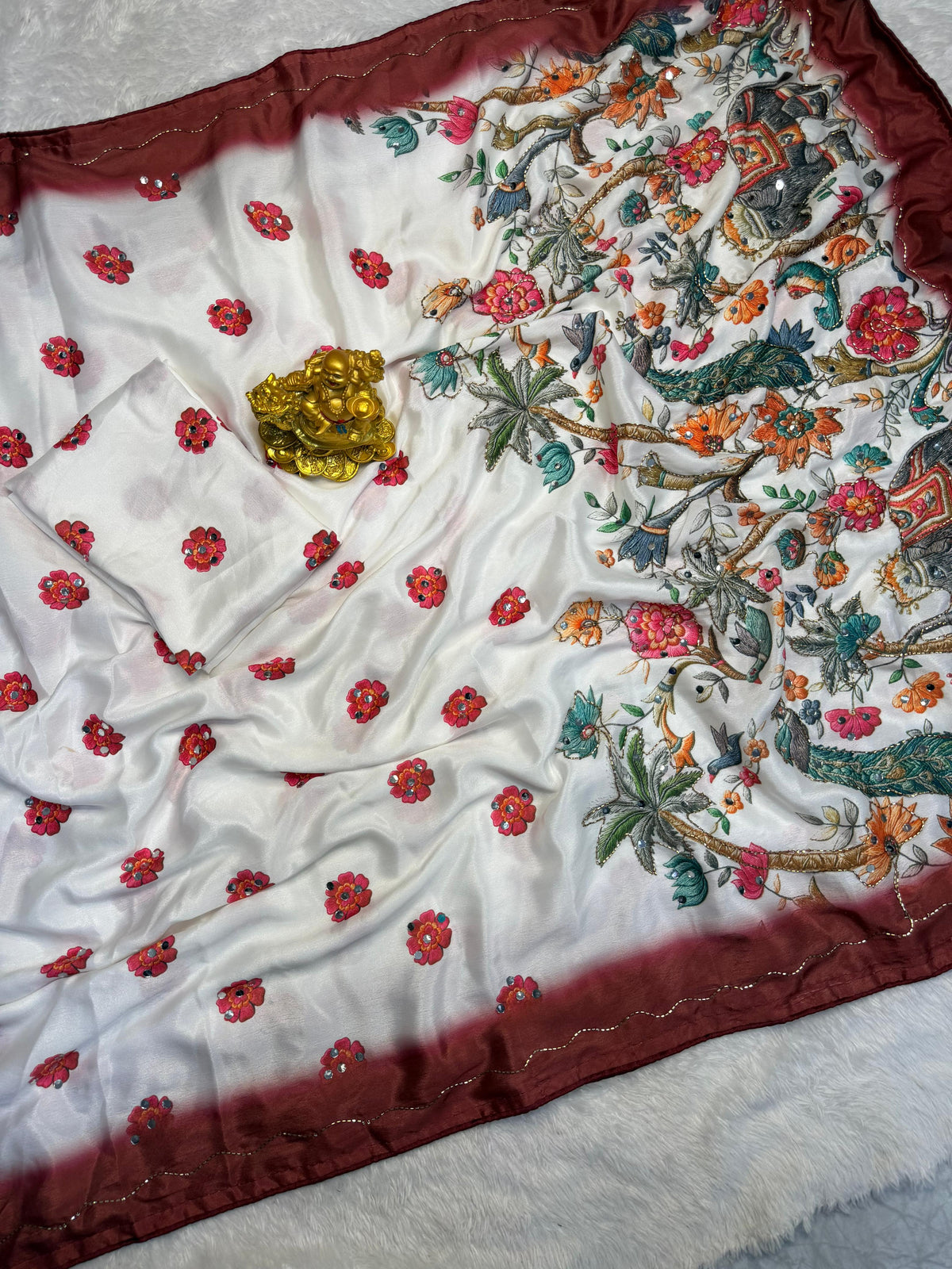 Marshmallow chinnon silk Ajrak print saree