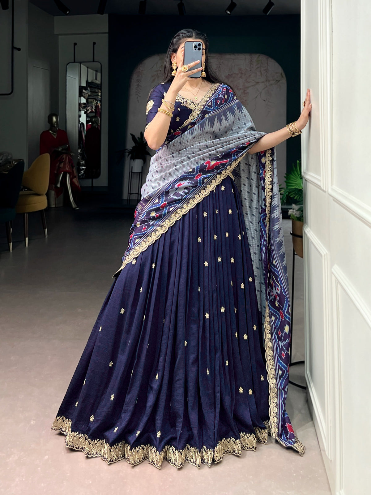 Vichitra silk thread work email lehenga