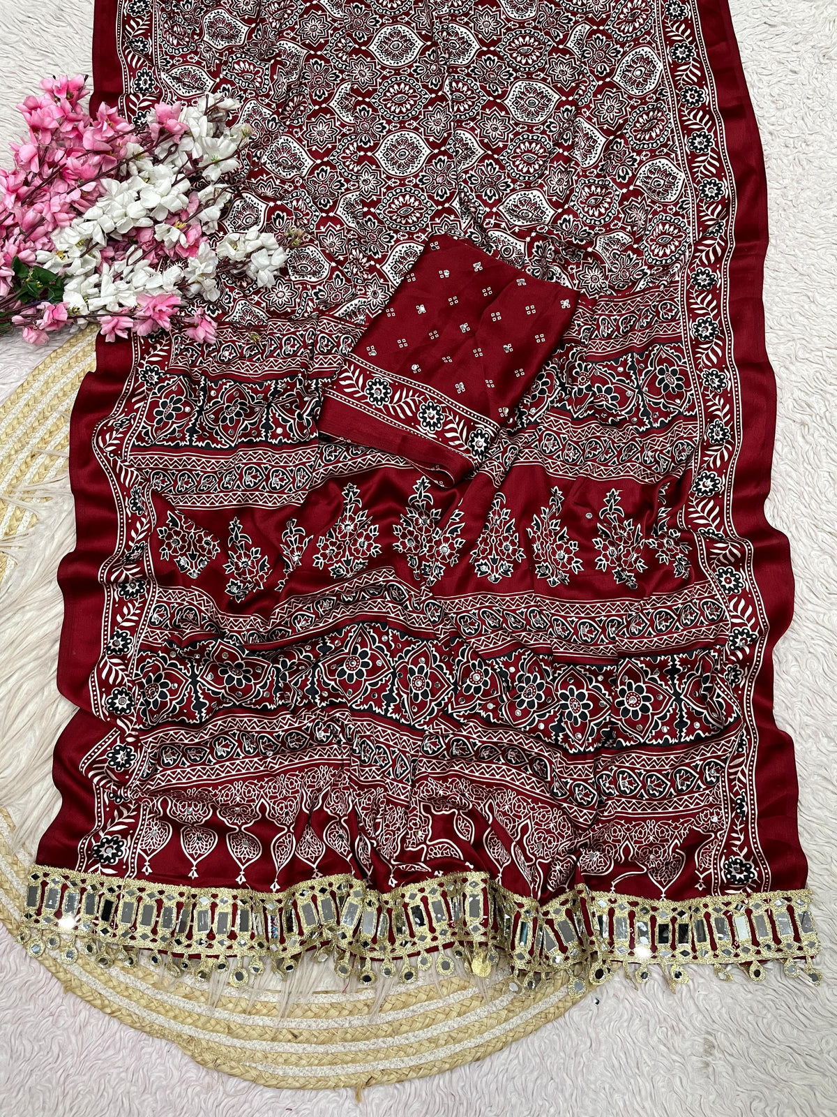 Ajrak satin viscose silk saree ✨