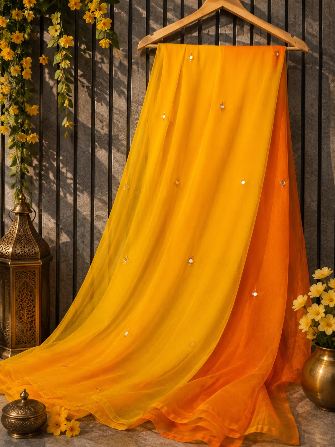 Dula shade shiffon mirror work saree