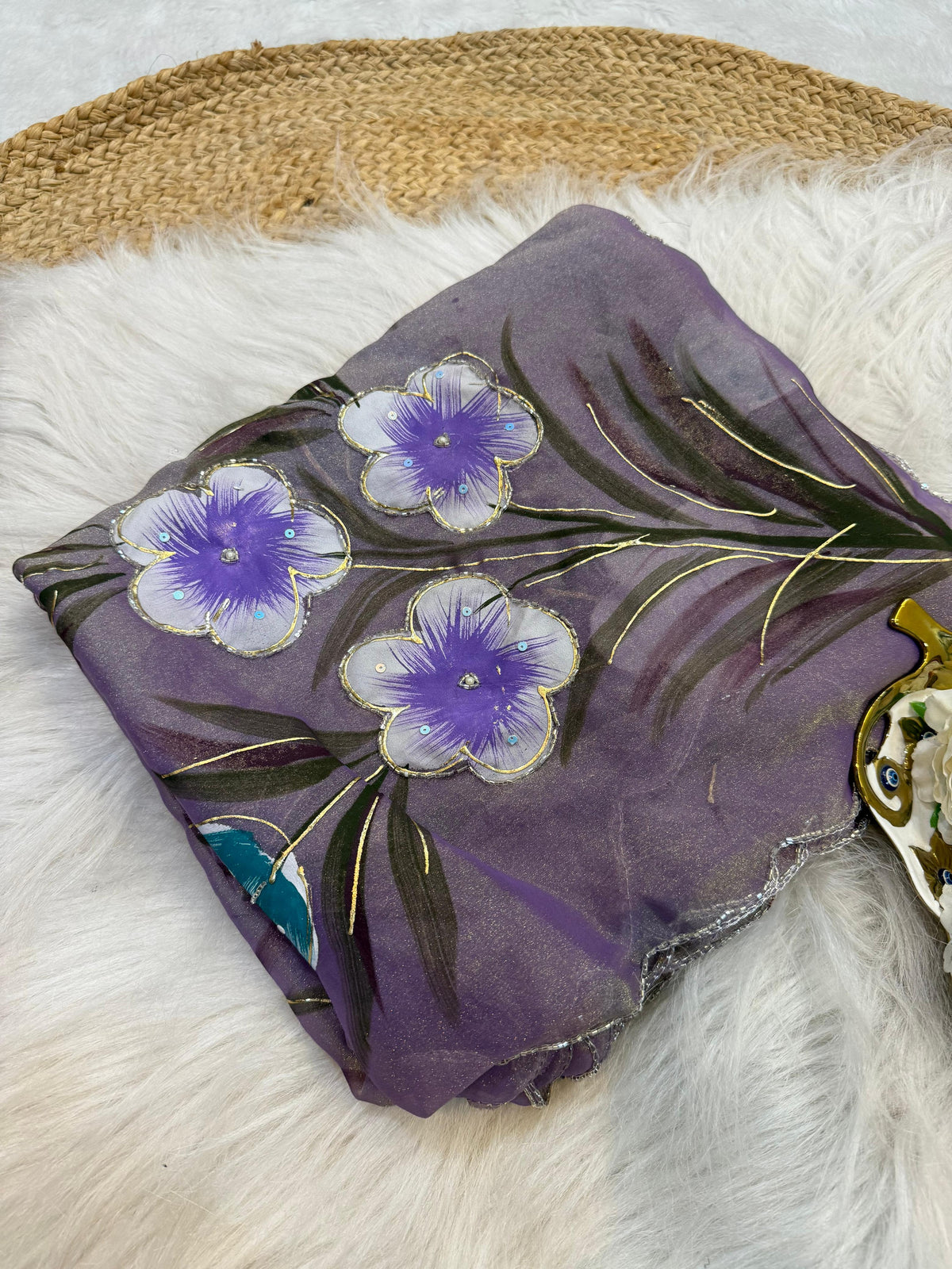 Moss shiffon hand brush flower paint saree