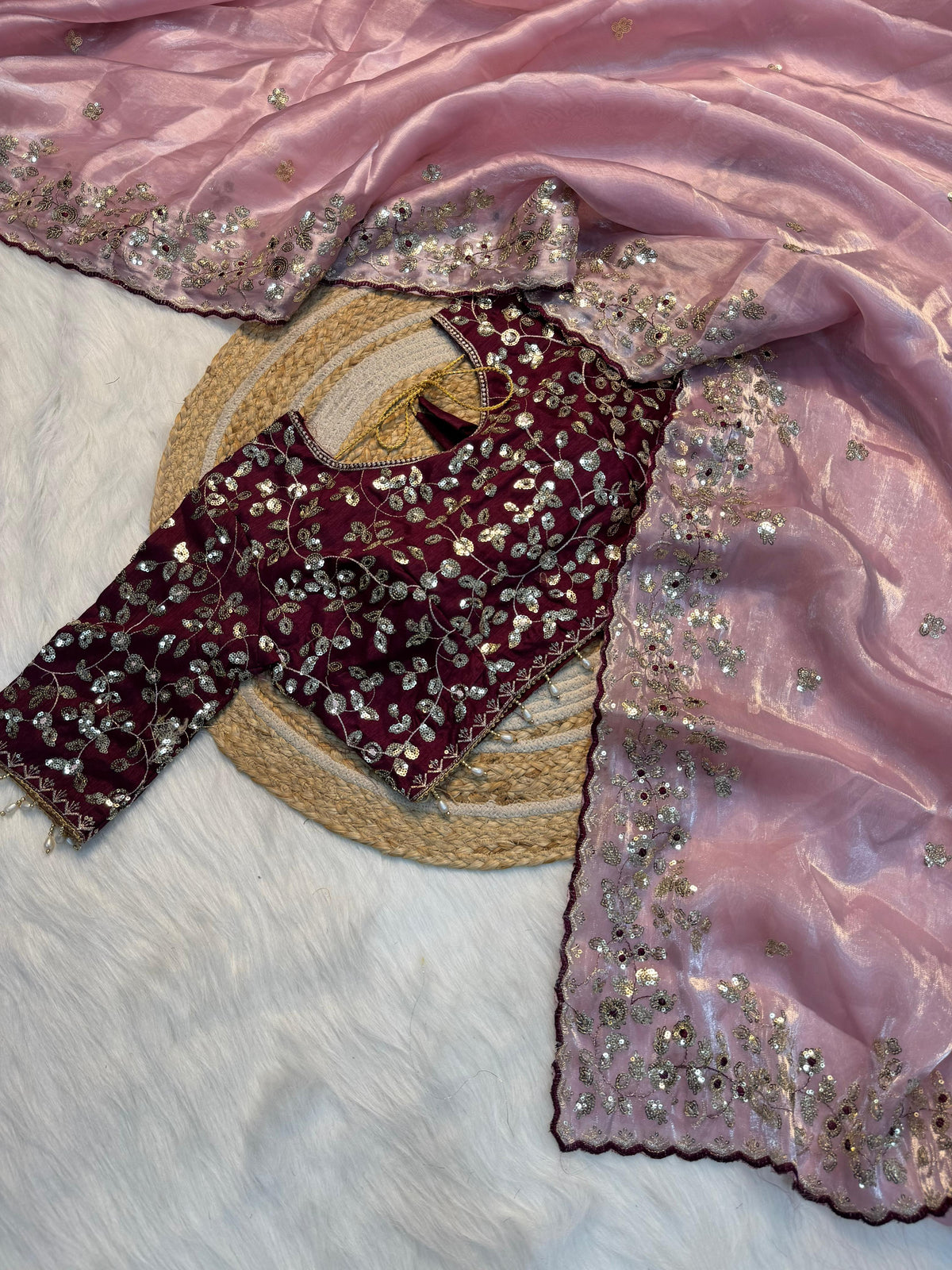 Premium Pure Silk Zari Sequence Design Embrodary saree