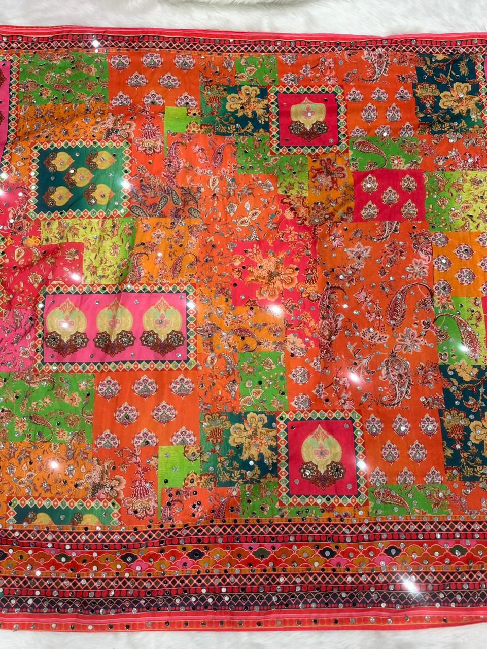 Soft chinnon Azrak mirror work sarees