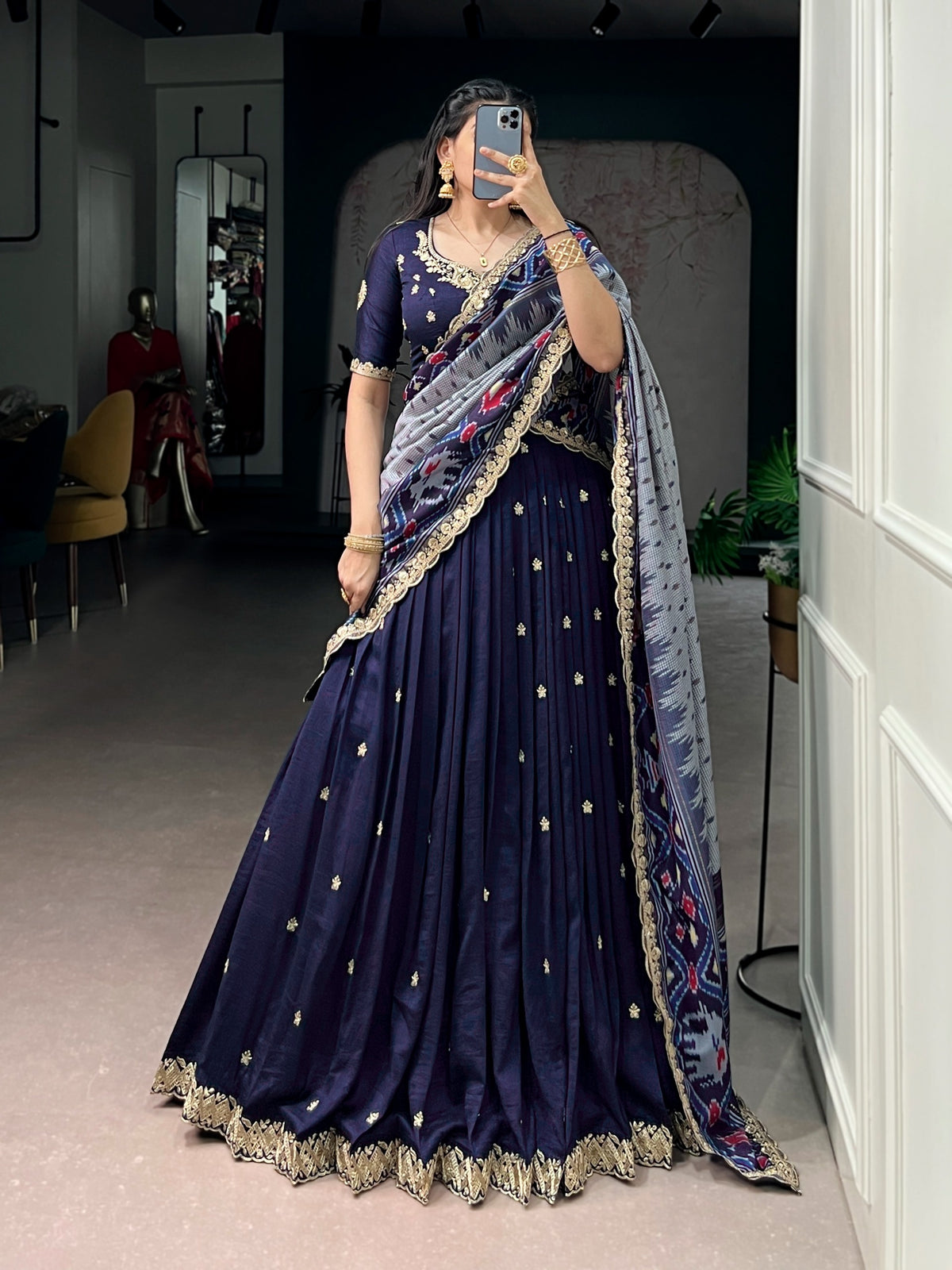 Vichitra silk thread work email lehenga