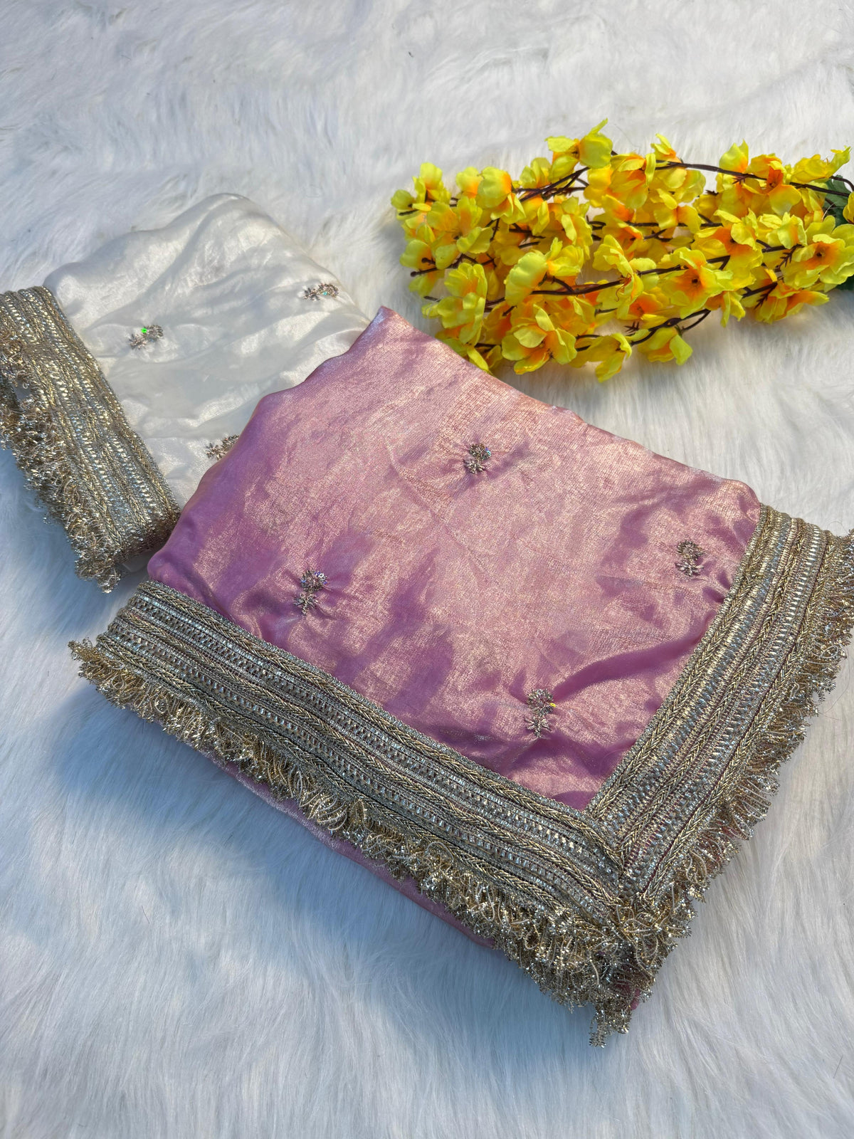 Fendy satin embroidery buti saree with sabhyasachi lace