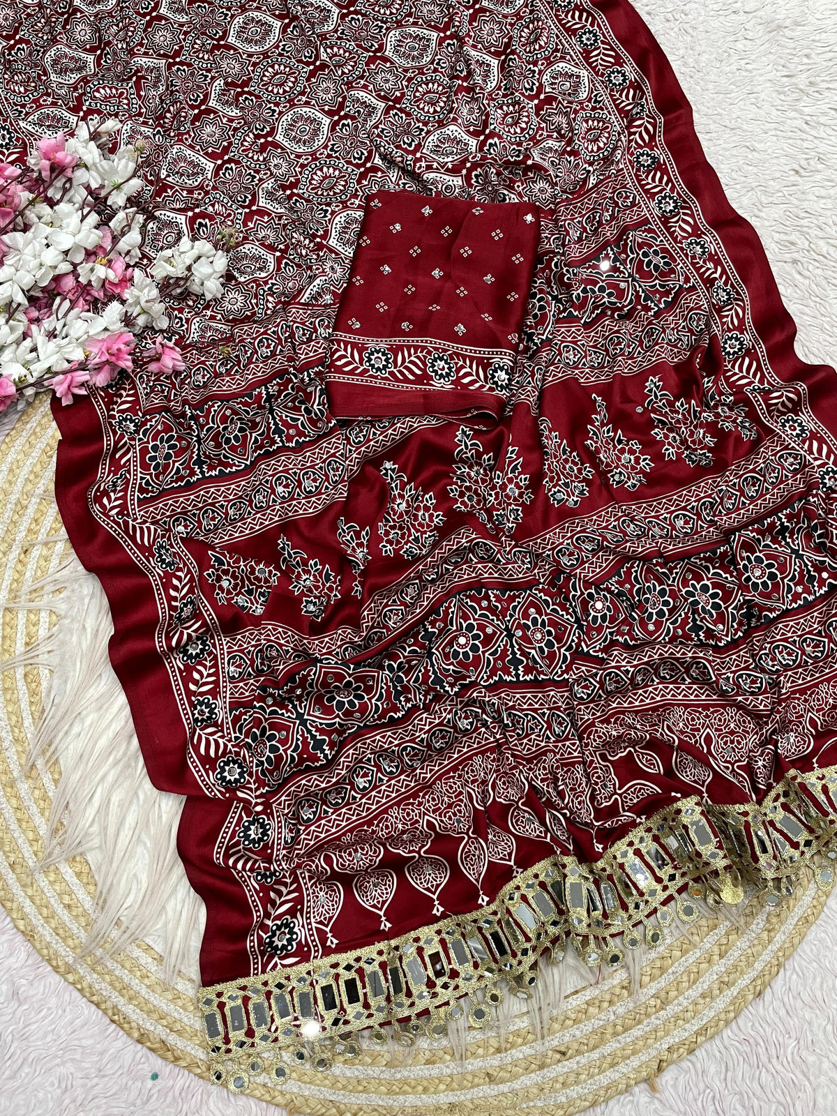 Ajrak satin viscose silk saree ✨