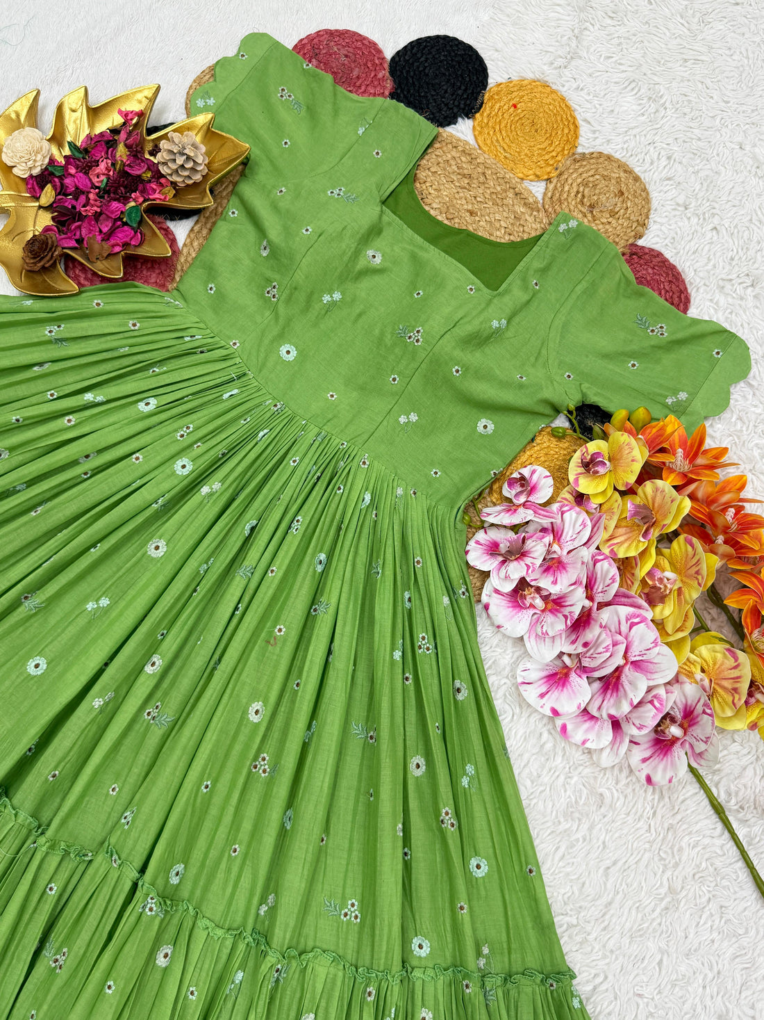 Summer special mull chenderi flower embroidery gowns