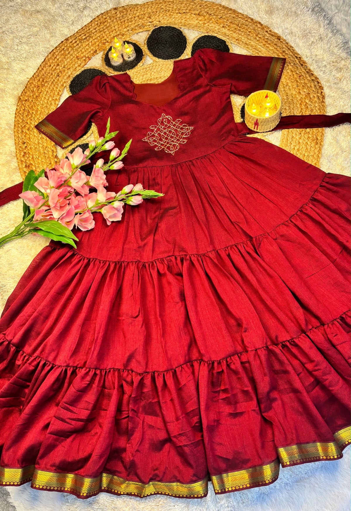 Vichitra silk kolam design Frock ✨