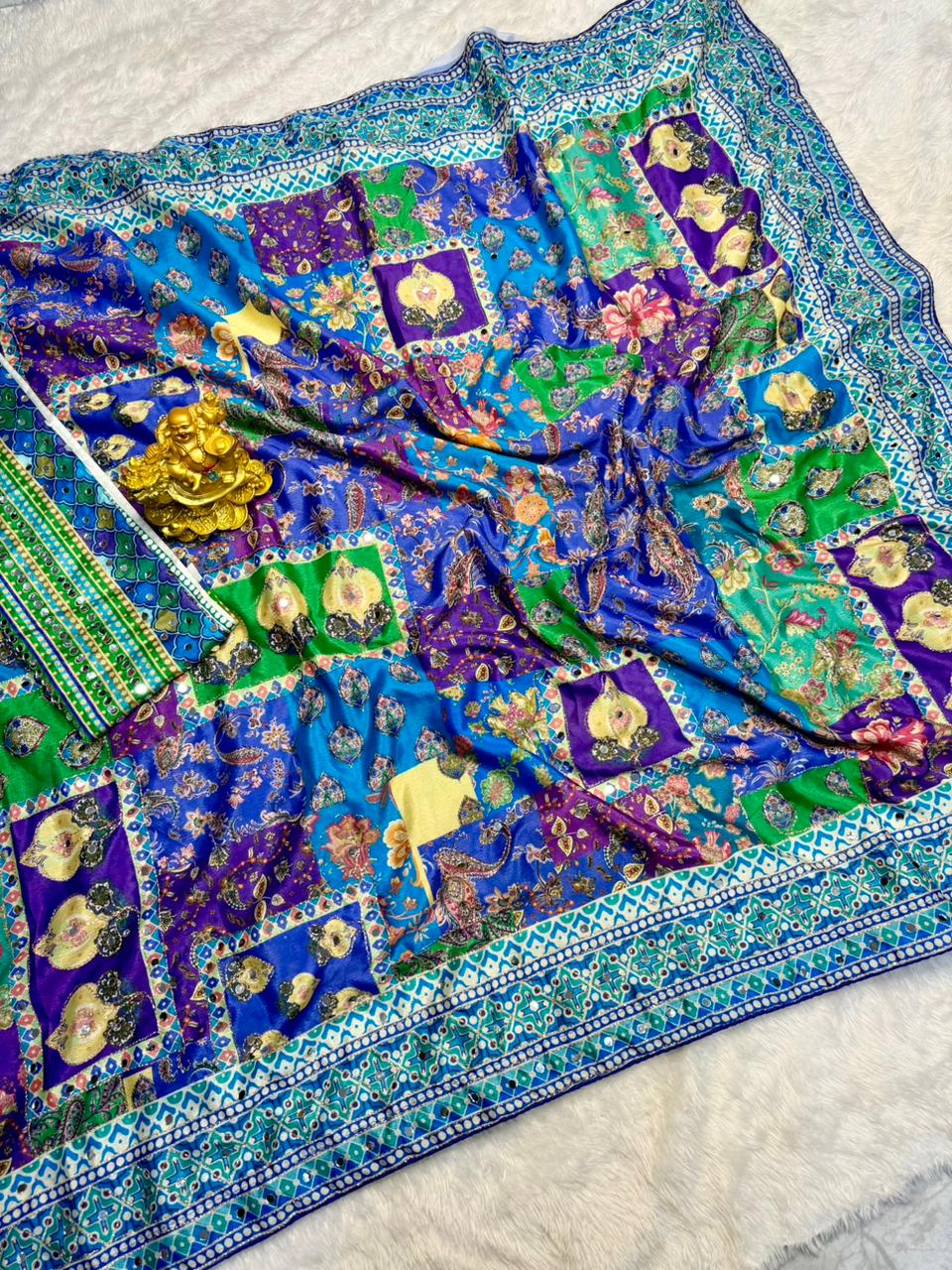 Soft chinnon Azrak mirror work sarees