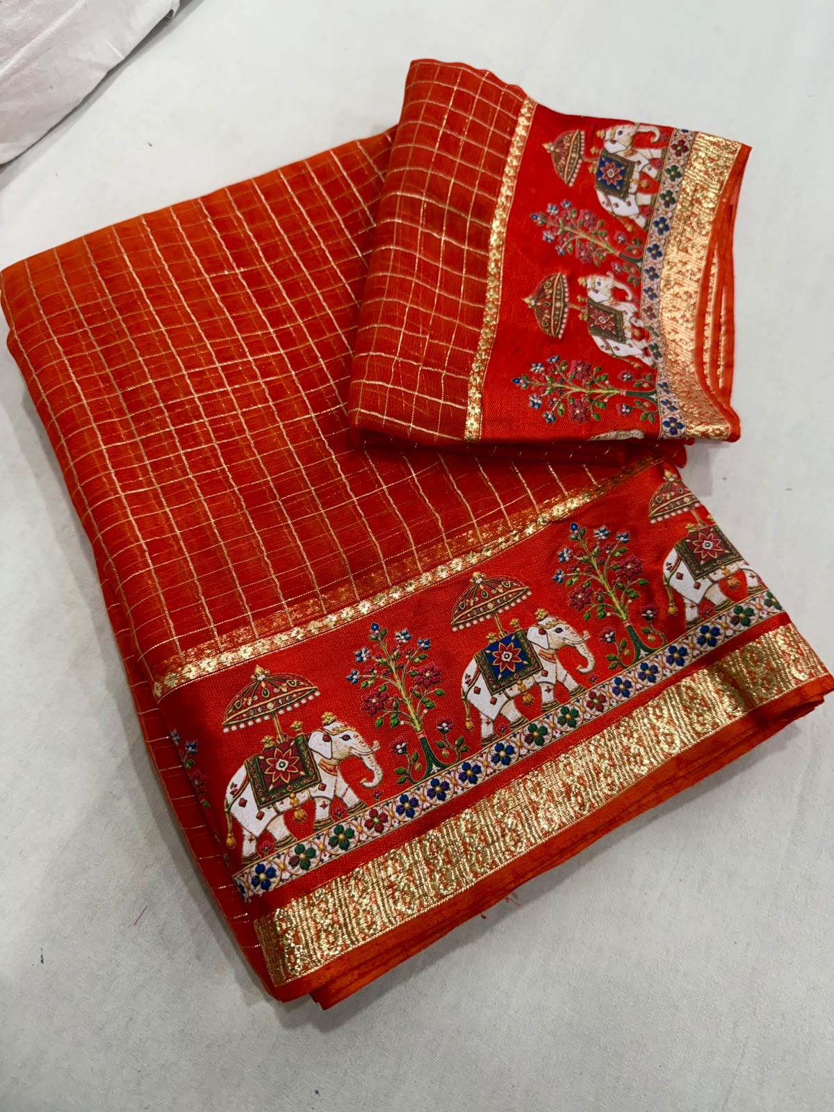 Viscose Georgette Chex 3D Digital Print Border Saree