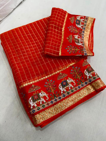 Viscose Georgette Chex 3D Digital Print Border Saree