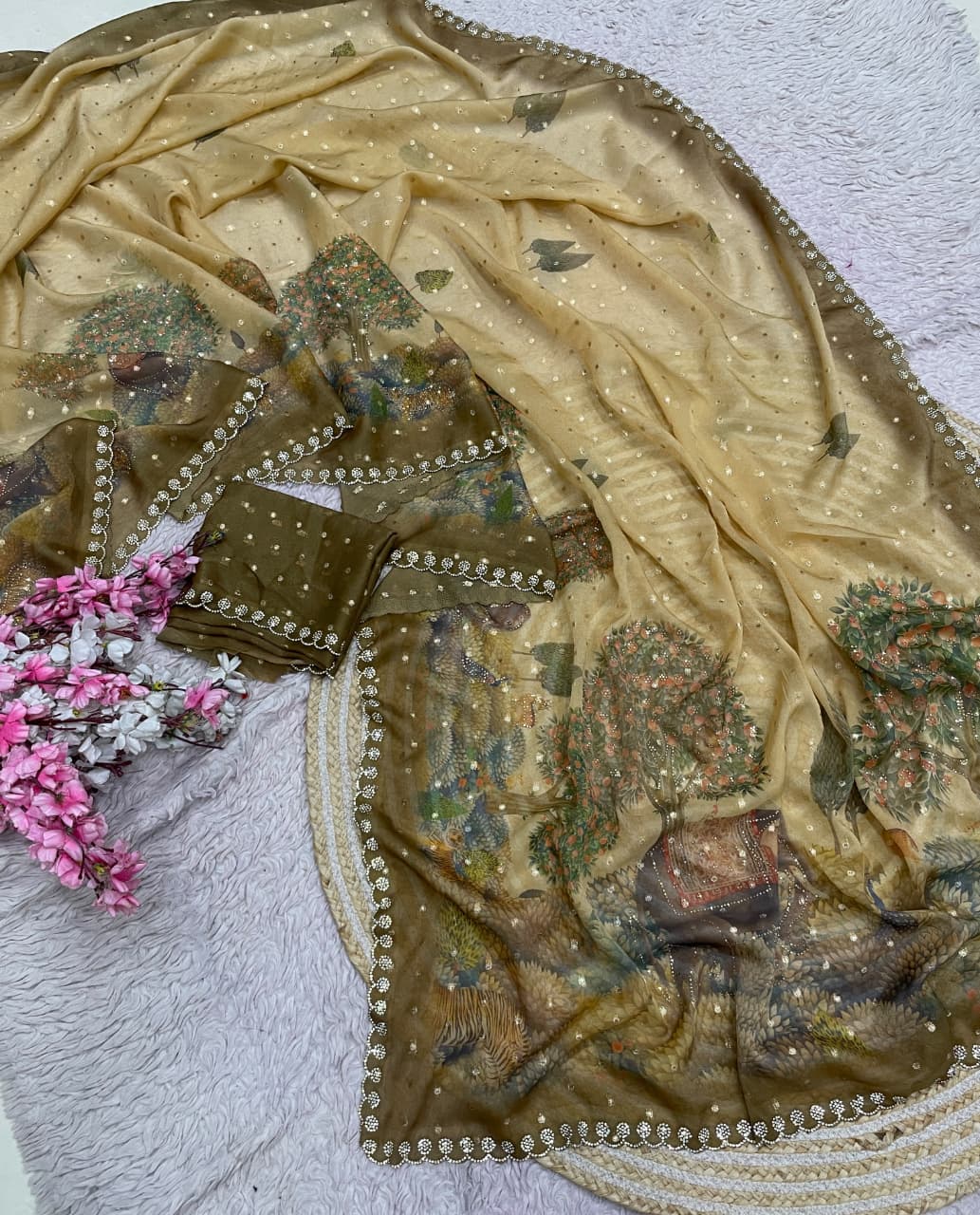 Digital print moss zarkhana work saree ✨