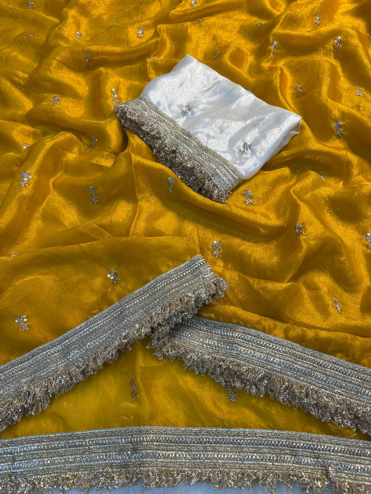 Fendy satin embroidery buti saree with sabhyasachi lace