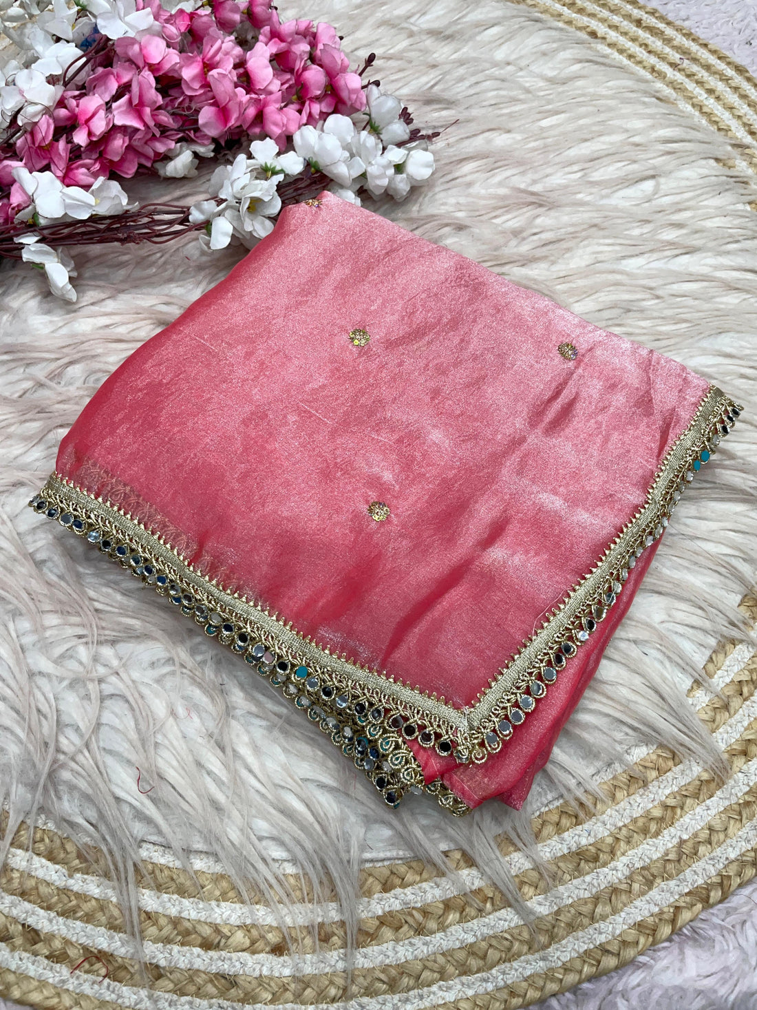Fandy satin mirror work lace border saree