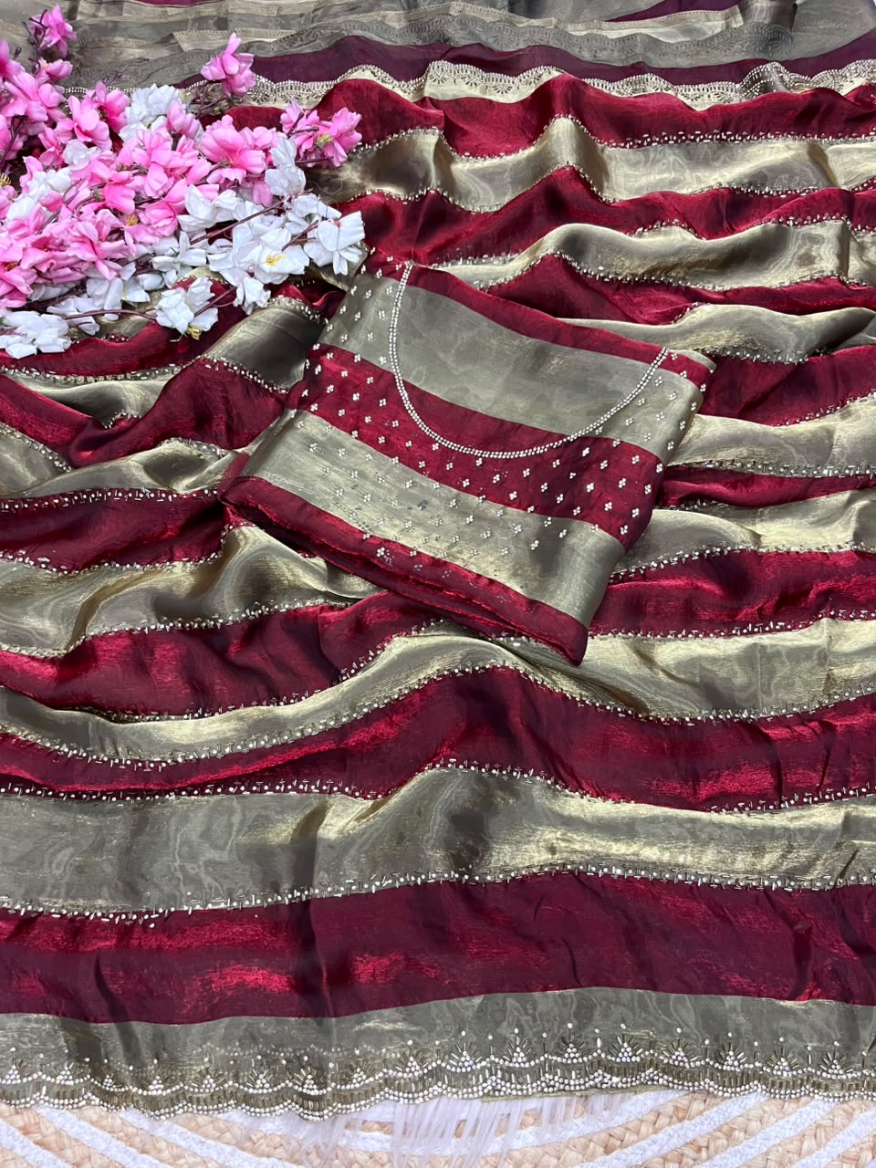 Space silk Jarkhana stone work saree ✨