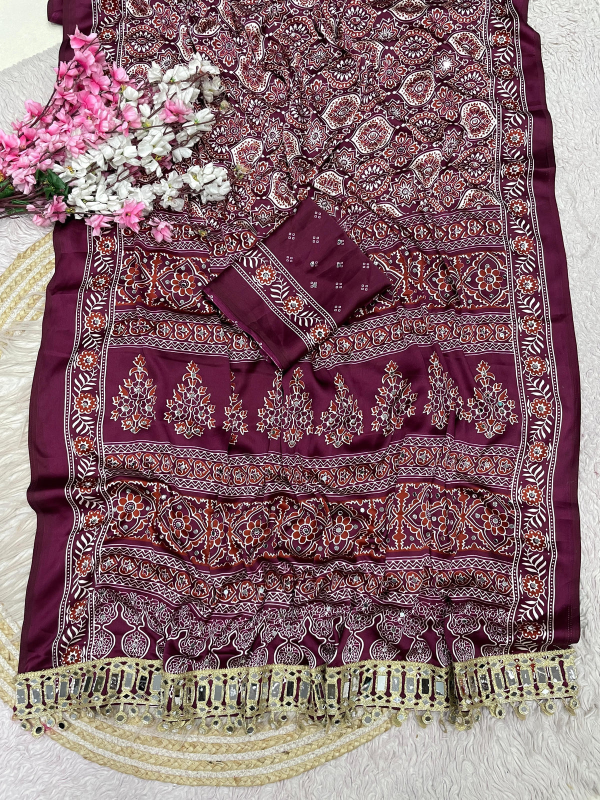 Ajrak satin viscose silk saree ✨