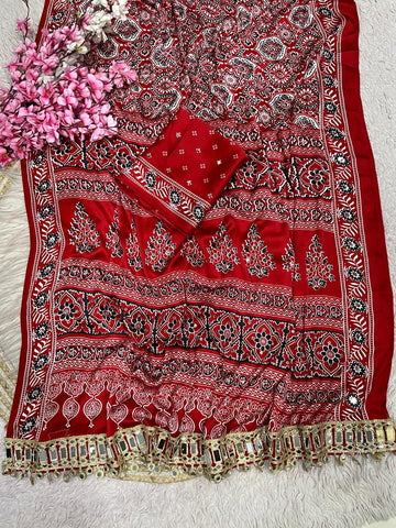Ajrak satin viscose silk saree ✨