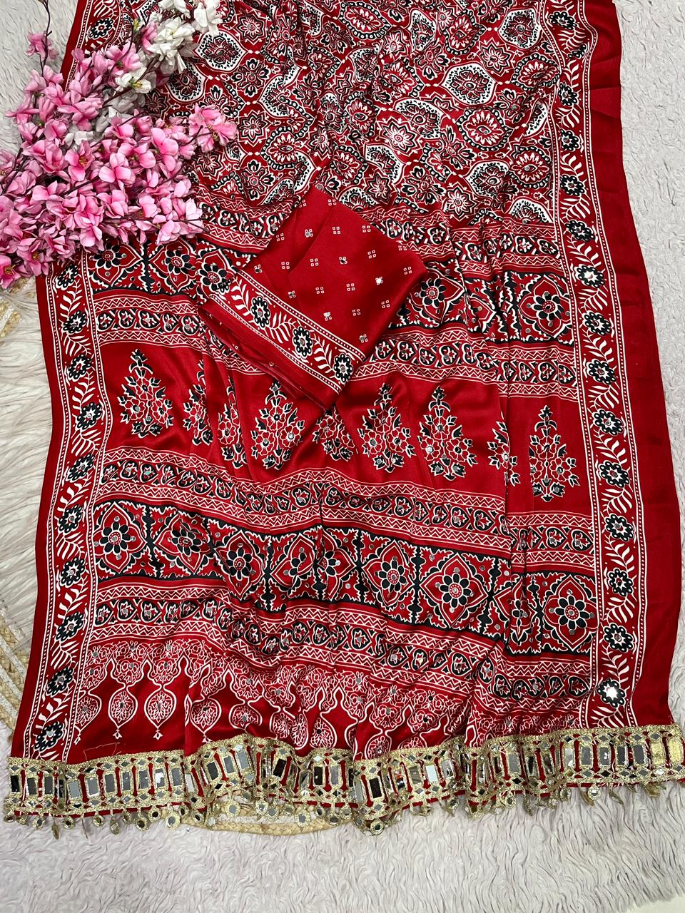 Ajrak satin viscose silk saree ✨