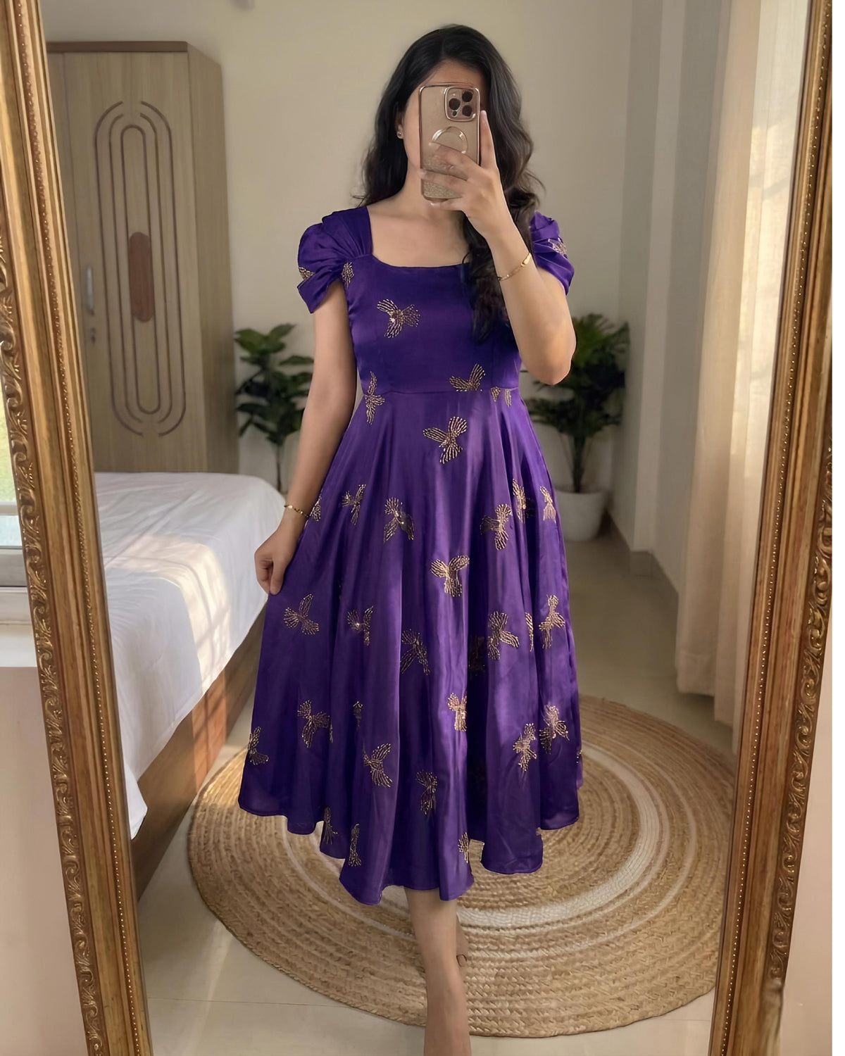 Rangoli silk sparrow beads work gown