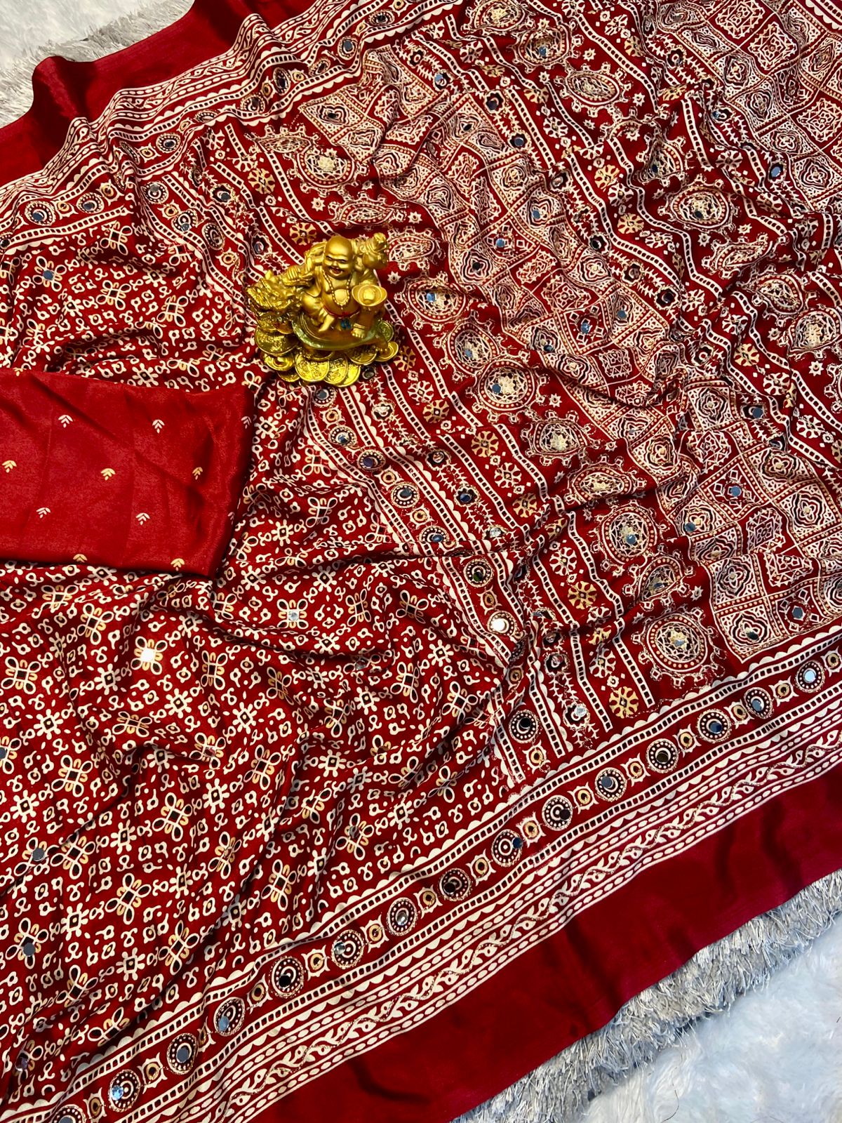 Ajrak model soft crepe silk mirror work saree