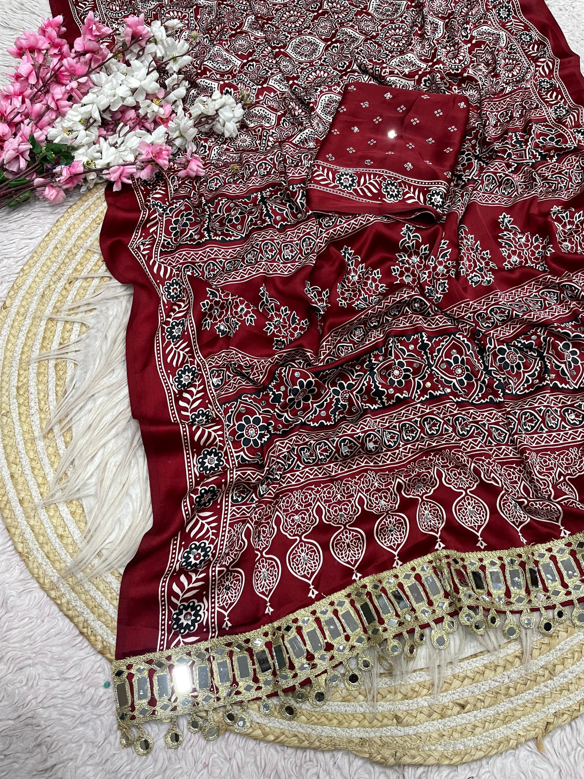 Ajrak satin viscose silk saree ✨