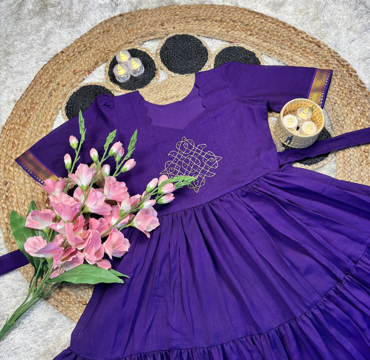 Vichitra silk kolam design Frock ✨