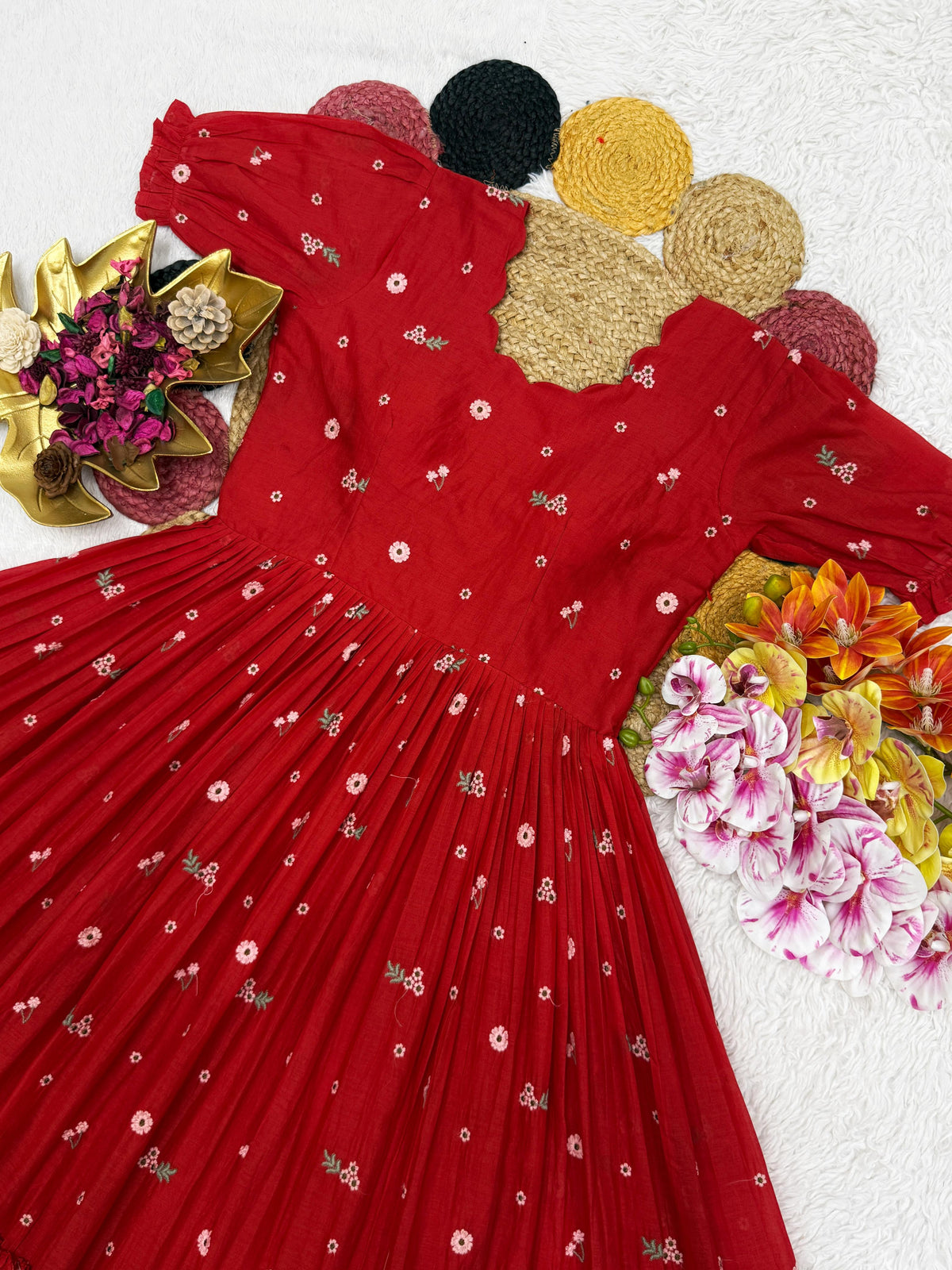 Summer special mull chenderi flower embroidery gowns