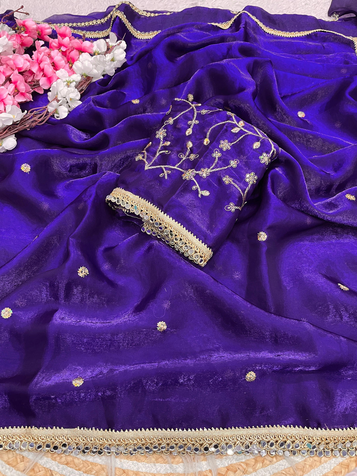 Fandy satin mirror work lace border saree