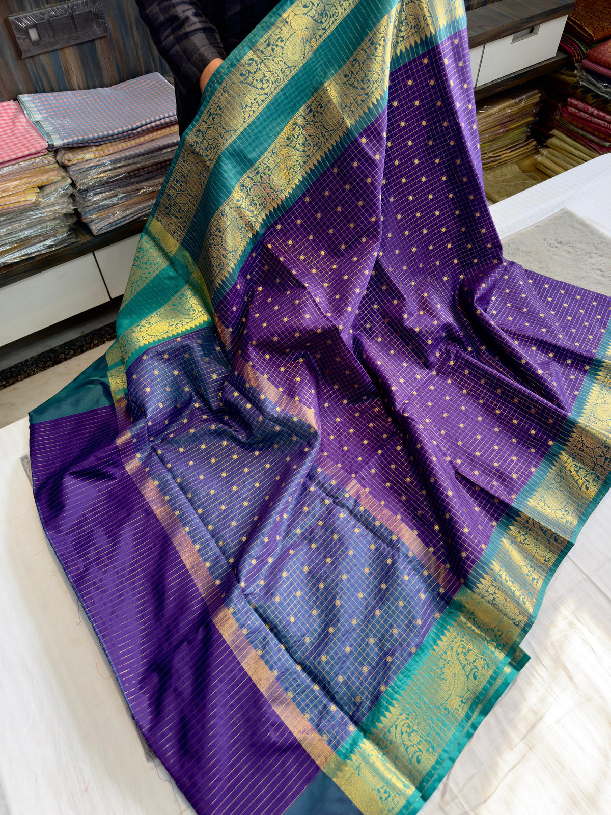 Benaresi soft silk checks buti weaving saree