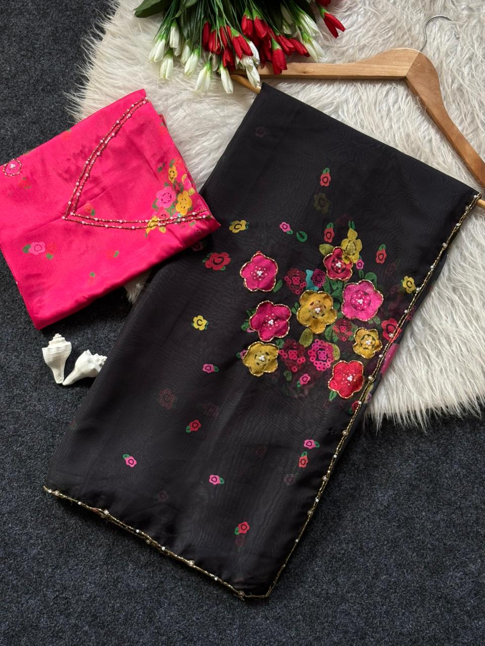 Soft Tabi silk flower print hand work saree