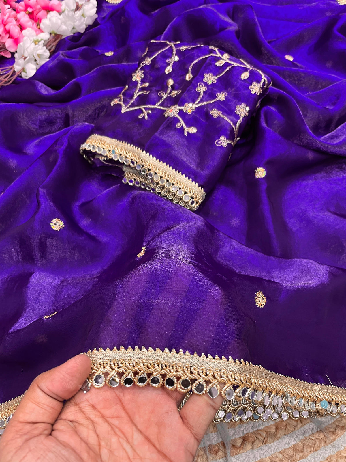 Fandy satin mirror work lace border saree