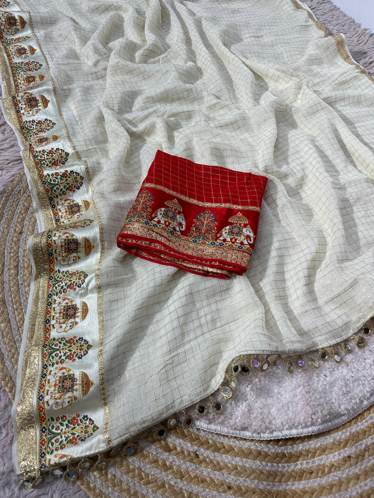 Viscose checks mirror work border saree ✨