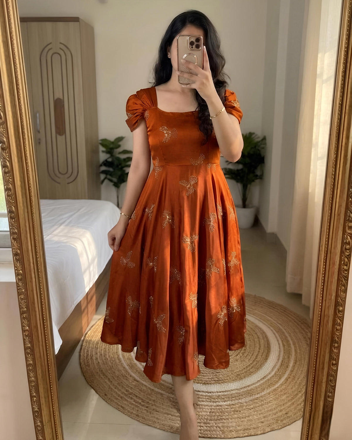 Rangoli silk sparrow beads work gown