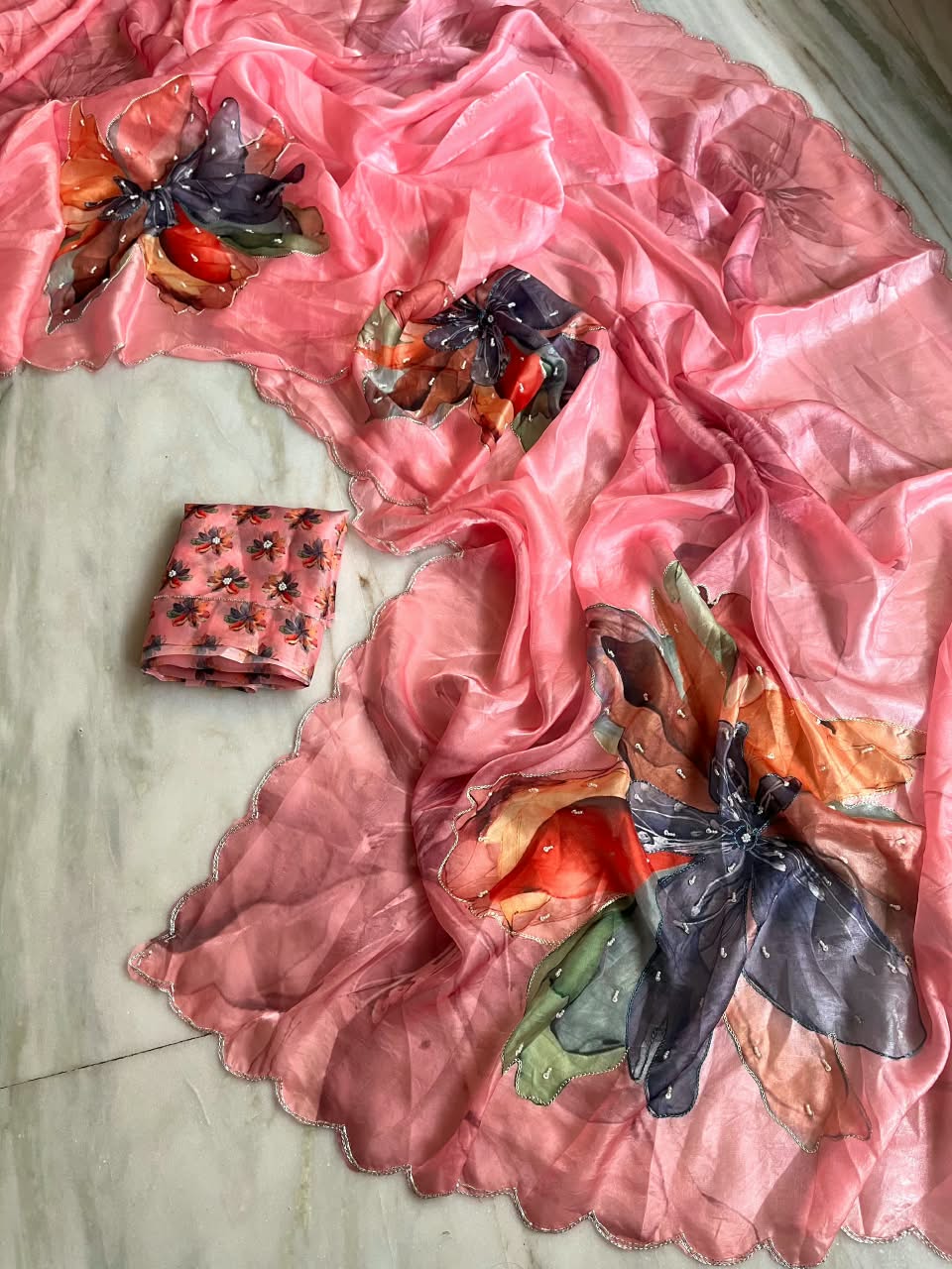 Premium  space satin digital print work saree ✨