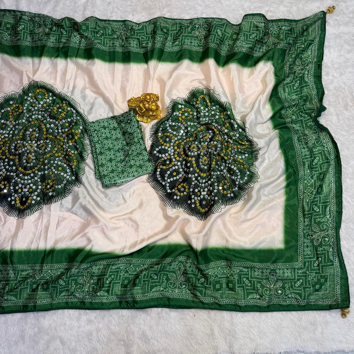 Marshmallow chinnon silk Ajrak print saree
