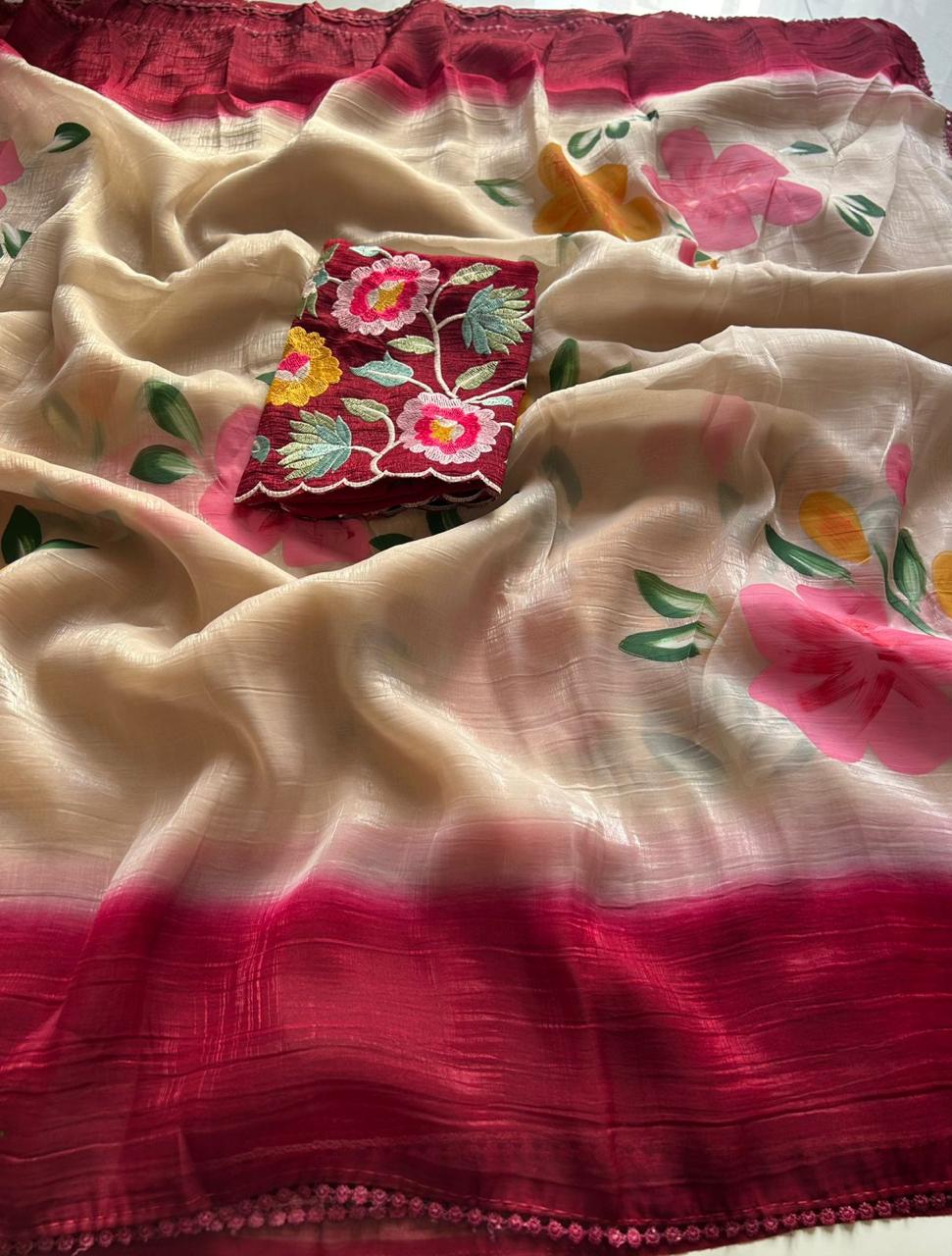 Crunchy silk hand painted saree 🌺
