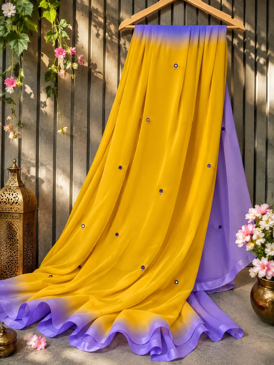 Dula shade shiffon mirror work saree