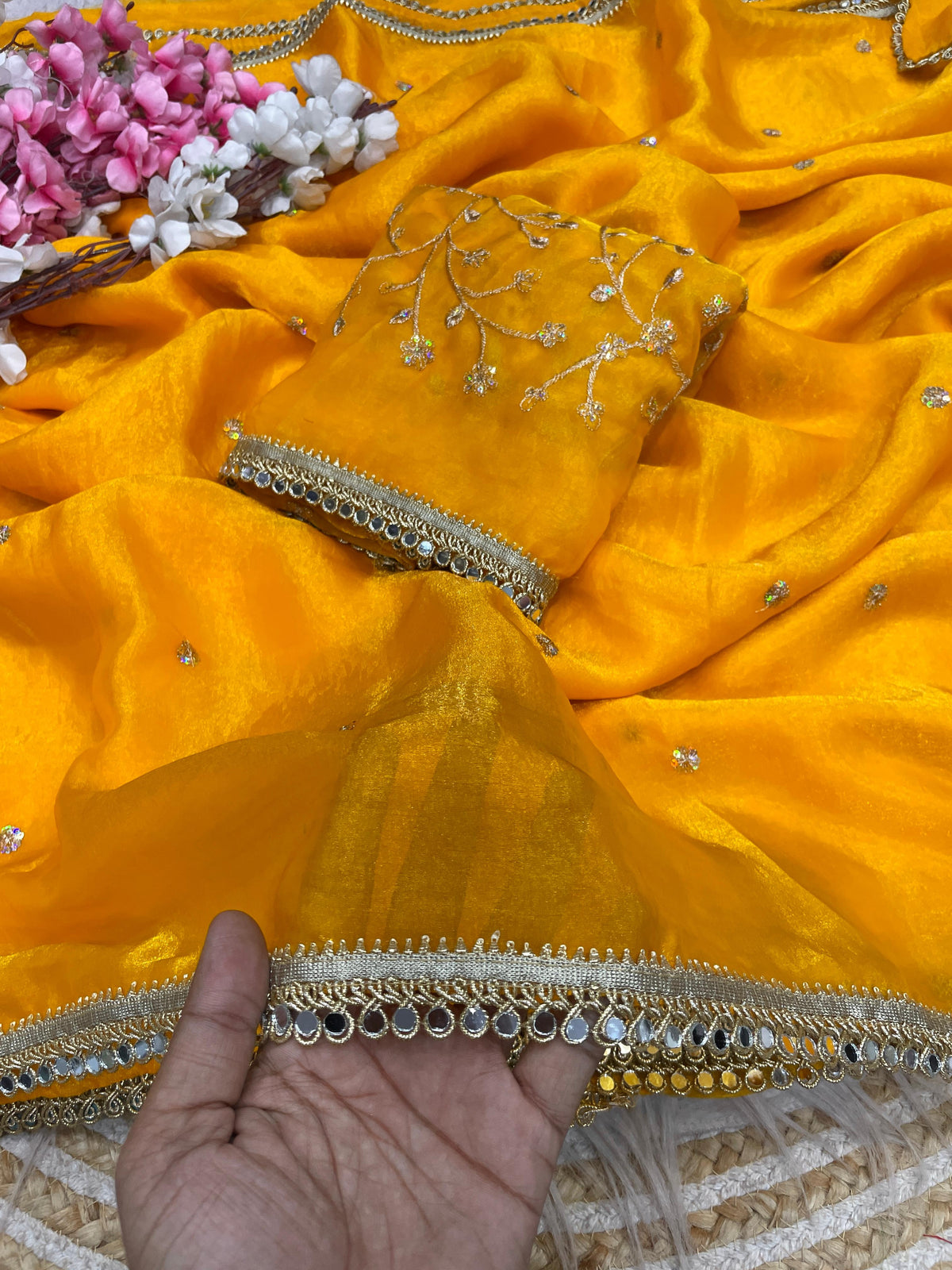 Fandy satin mirror work lace border saree