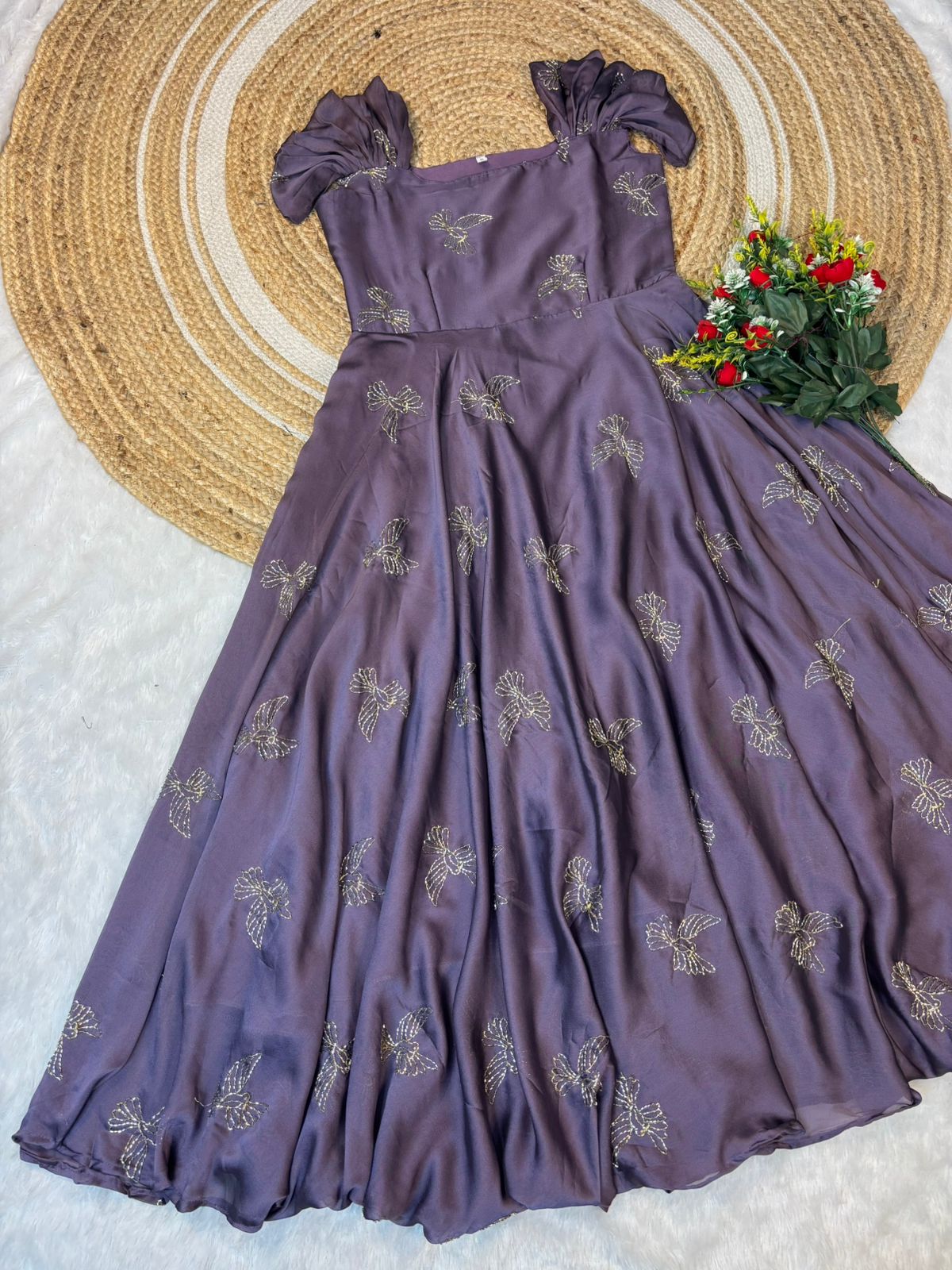 Rangoli silk sparrow beads work gown