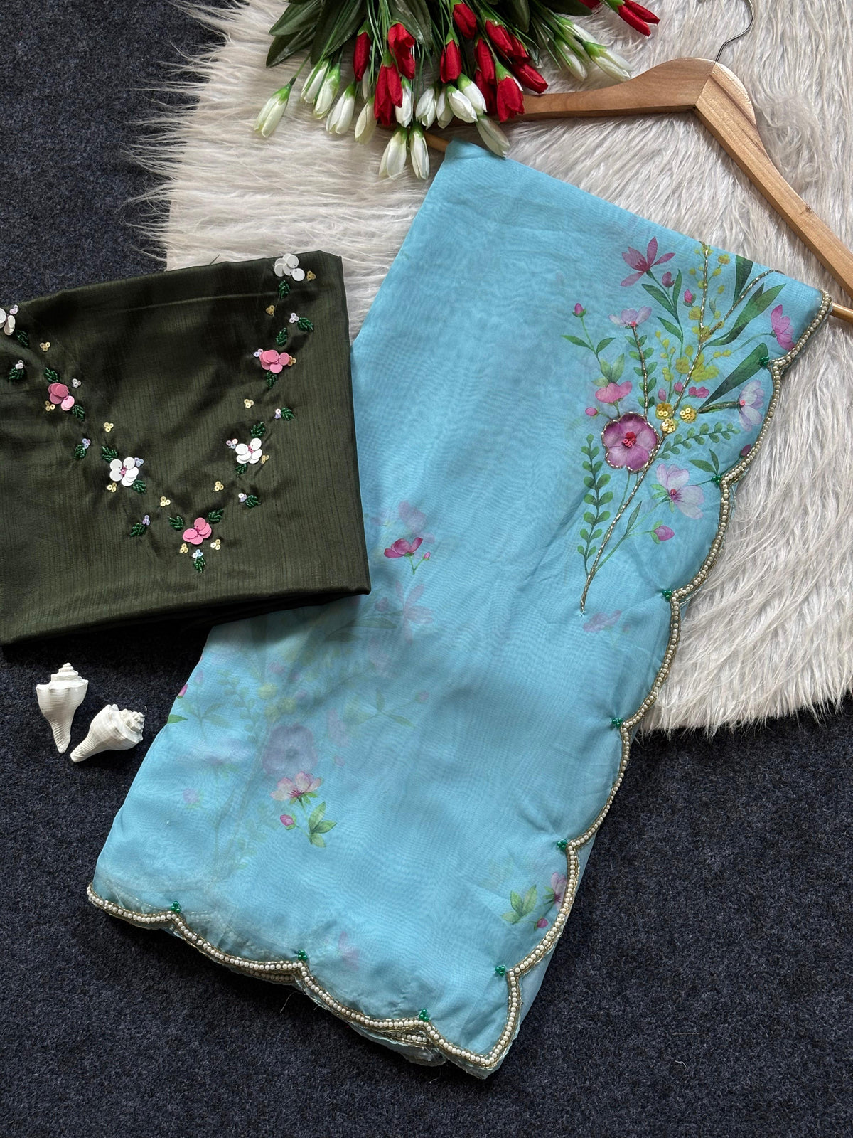 Soft Tabi hand work flower print organza saree