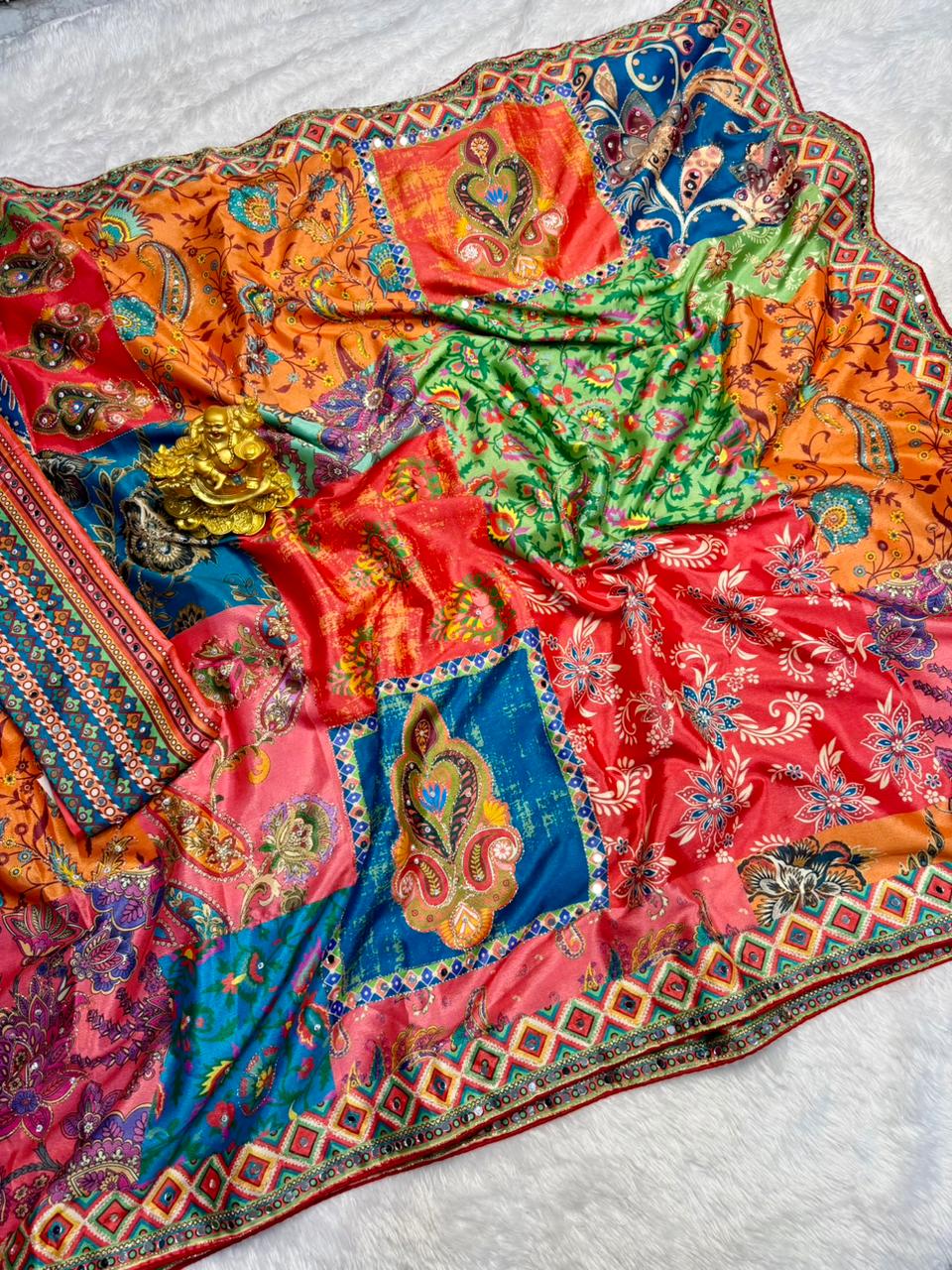 Soft chinnon Azrak mirror work sarees