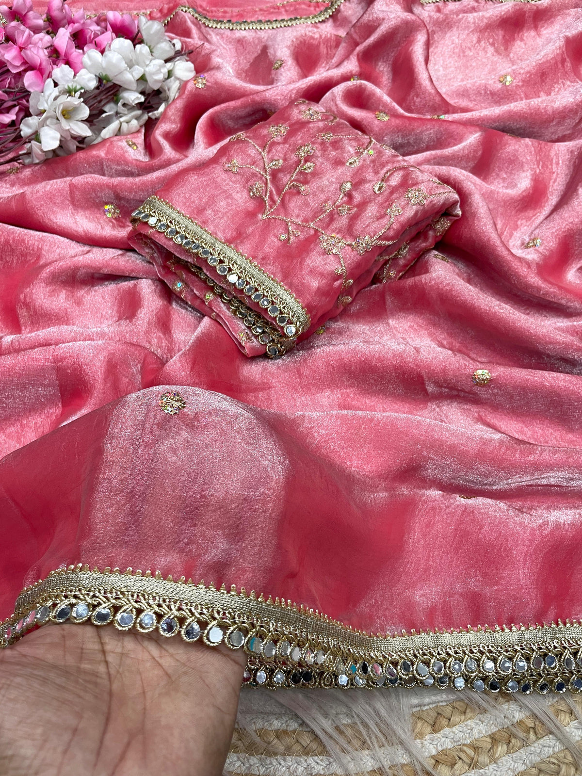 Fandy satin mirror work lace border saree